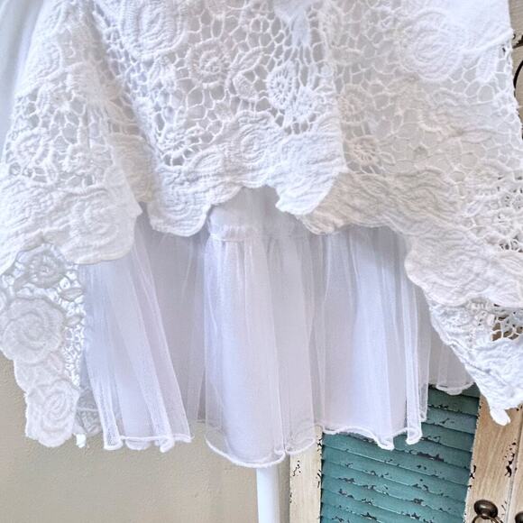 Coastal Cowgirl White Ruched Ruffles with eyelet Dress Small Cottage Coquette - Picture 5 of 9